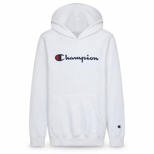 Front view of Champion boys’ white 13-14 yrs pullover hoodie with logo print