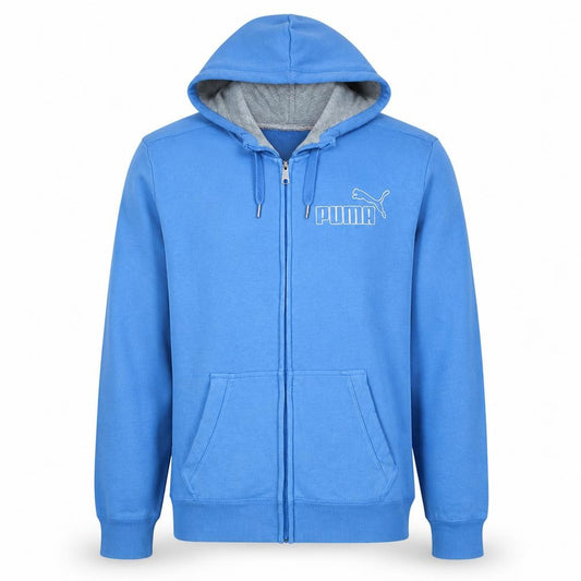 Front view of Puma Men's Blue Full Zip Hoodie, size L, Sports Fleece Sweatshirt