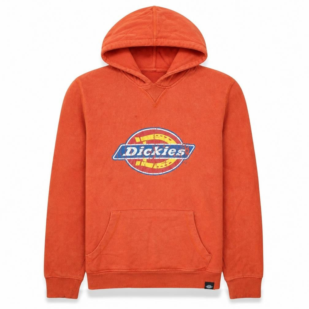 Front view of Dickies Men's Orange Small Pullover Hoodie Cotton Fleece Sweatshirt