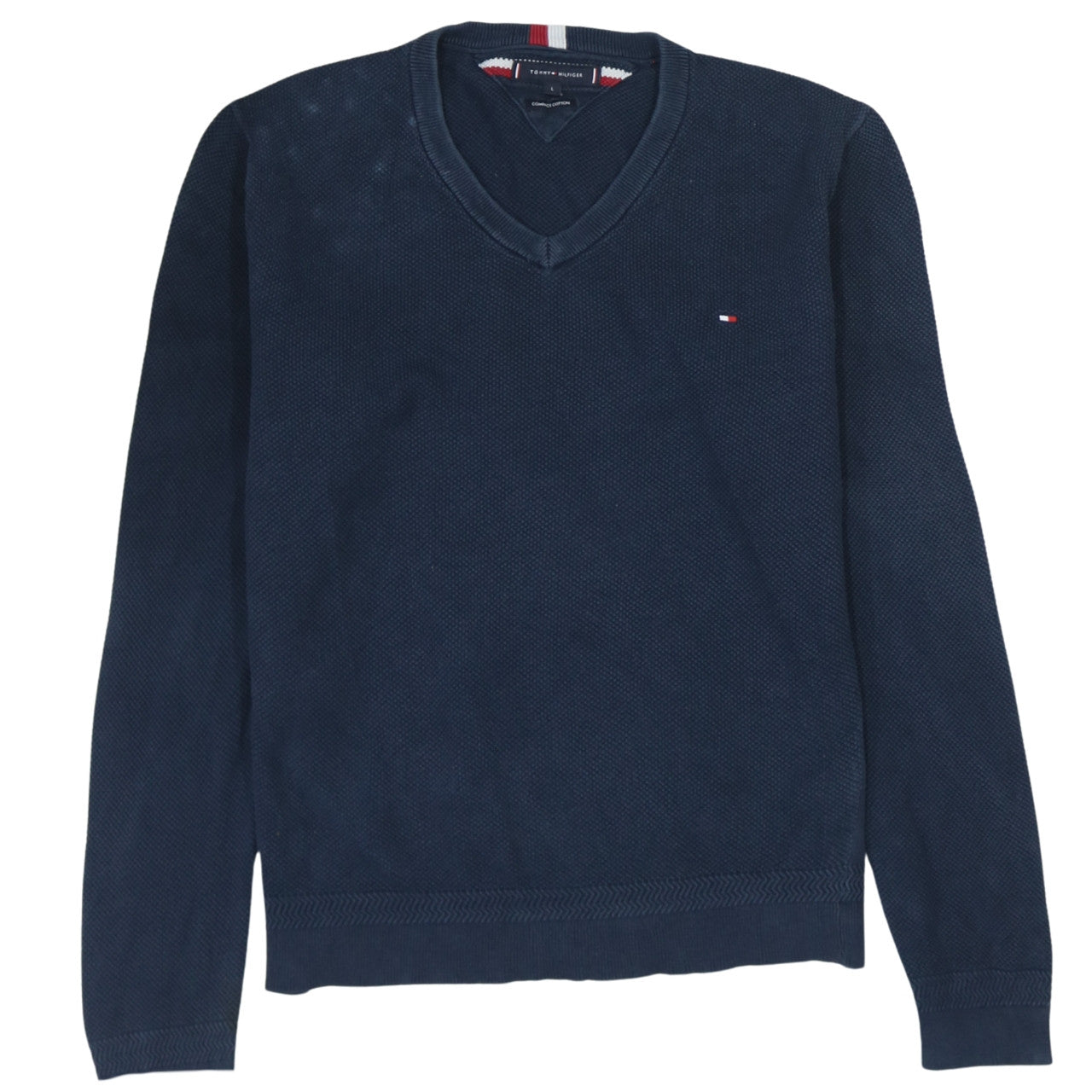 Tommy Hilfiger Men's Blue Cotton V-Neck Jumper Size L