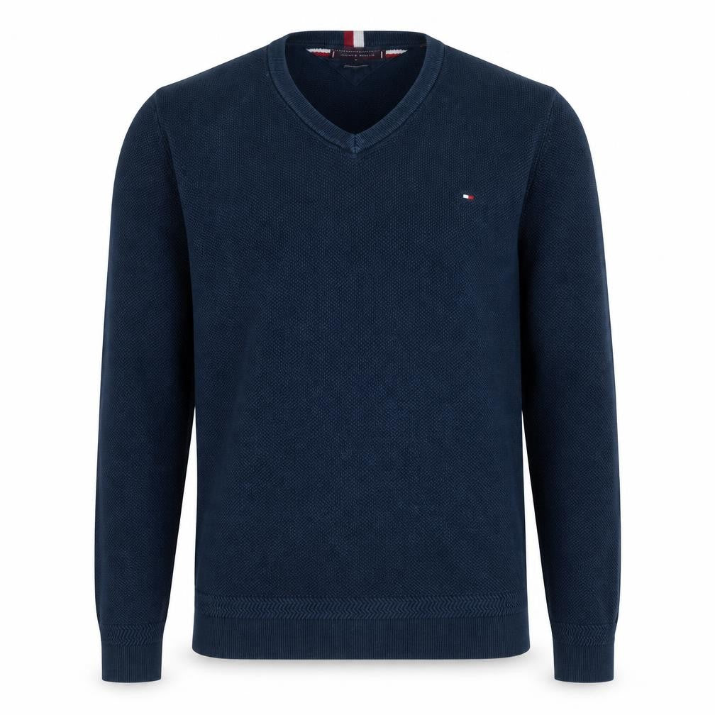 Front view of Tommy Hilfiger Men's Blue Cotton V-Neck Jumper, size L
