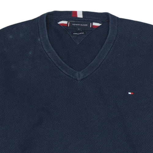 Tommy Hilfiger Men's Blue Cotton V-Neck Jumper Size L