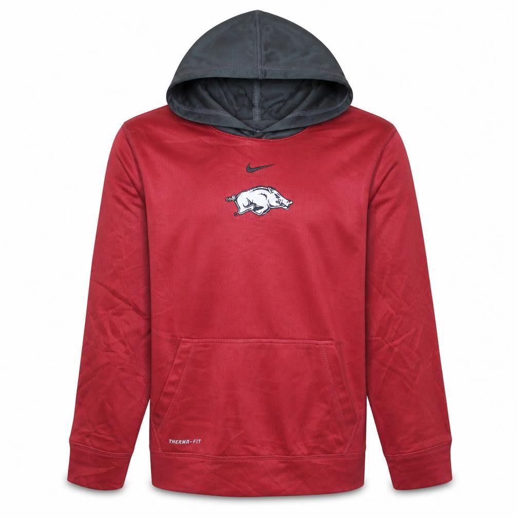Front view of Nike boys’ red therma-fit pullover hoodie, size L, embroidered logo
