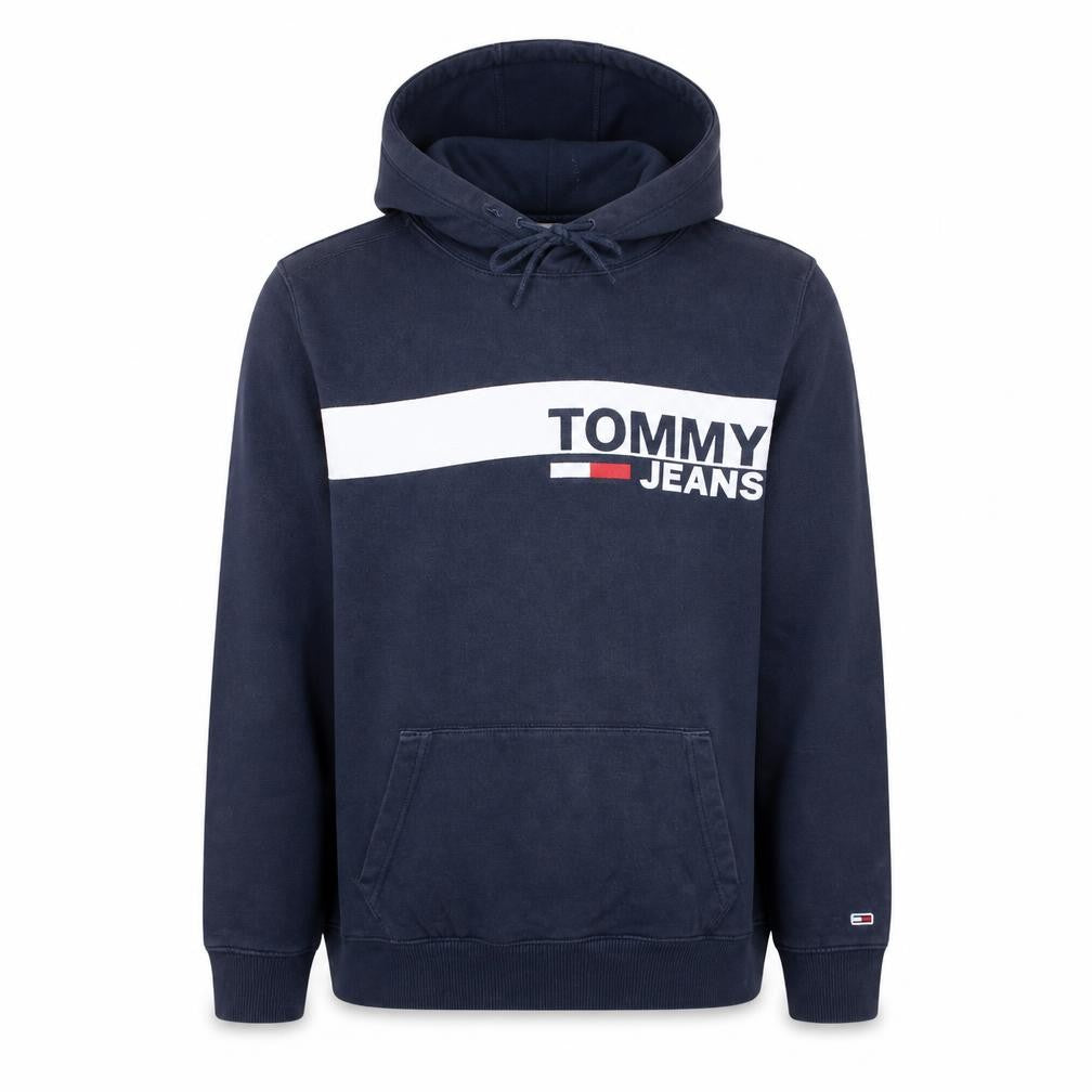 Front view of Tommy Jeans Men’s Blue Pullover Hoodie L Logo Fleece Sweatshirt