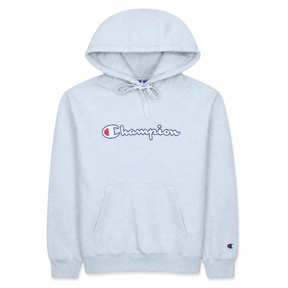 Front view of Champion women’s grey pullover hoodie xs cotton blend logo sweatshirt