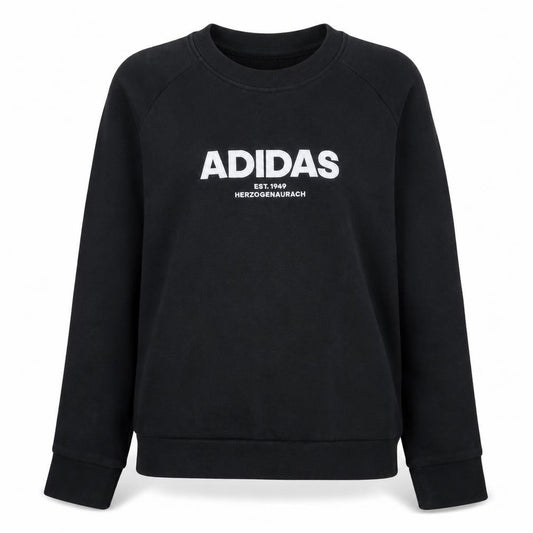 Front view of Adidas women’s black sweatshirt, size UK 12-14, pullover logo crew neck