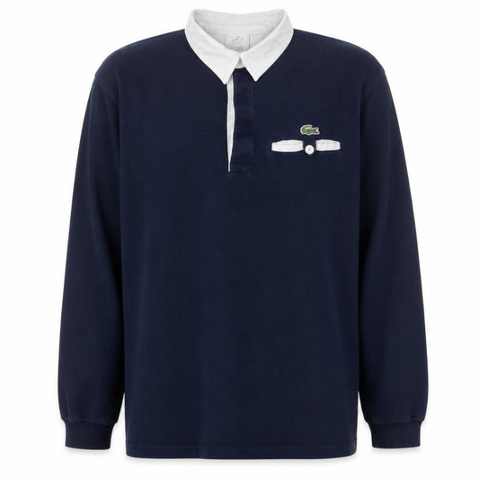 Front view of Lacoste Men’s Blue Long Sleeve Collared Cotton Polo Shirt M
