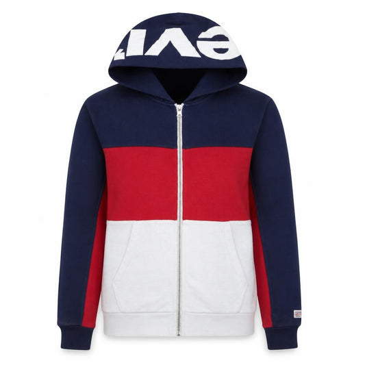 Front view of Levi's women’s red blue white colourblock full zip hoodie, size S