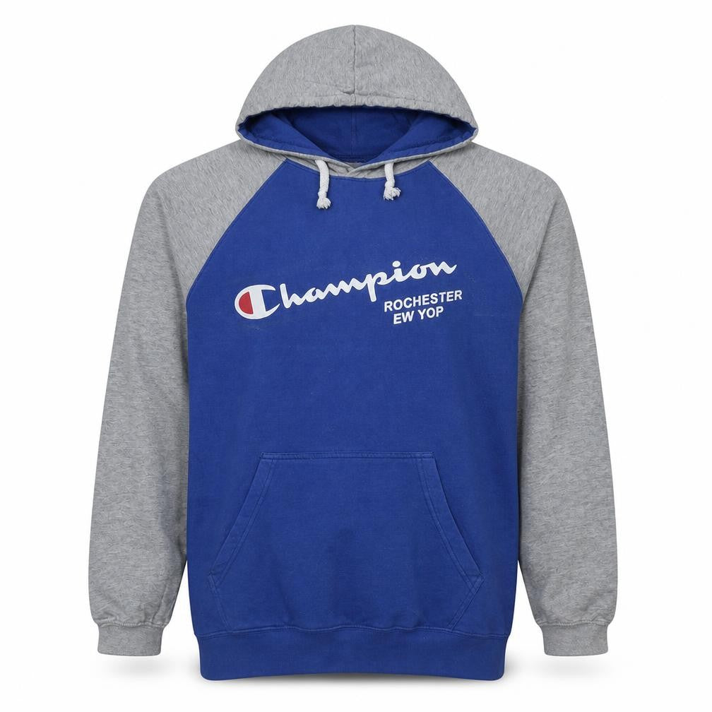 Front view of Champion Men's Blue & Grey Pullover Hoodie XL Graphic Logo Sweatshirt