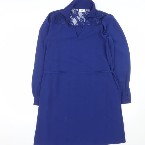 JDY Women's Blue Lace Collared Long Sleeve Shift Dress Size S