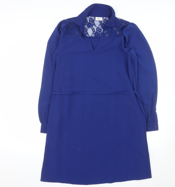 JDY Women's Blue Lace Collared Long Sleeve Shift Dress Size S