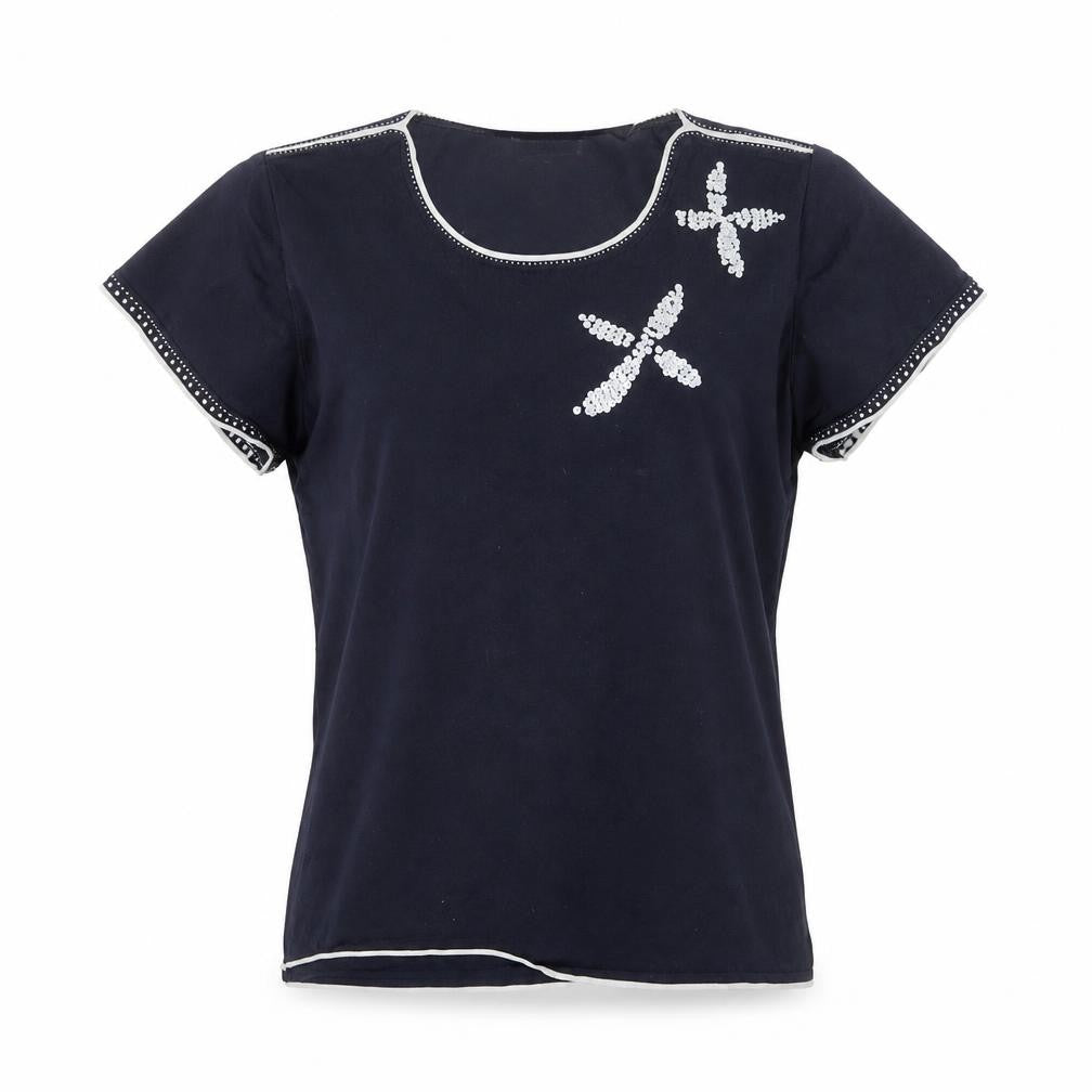 Front view of Gerard Women's Blue Sequin Short Sleeve Jersey T-Shirt M