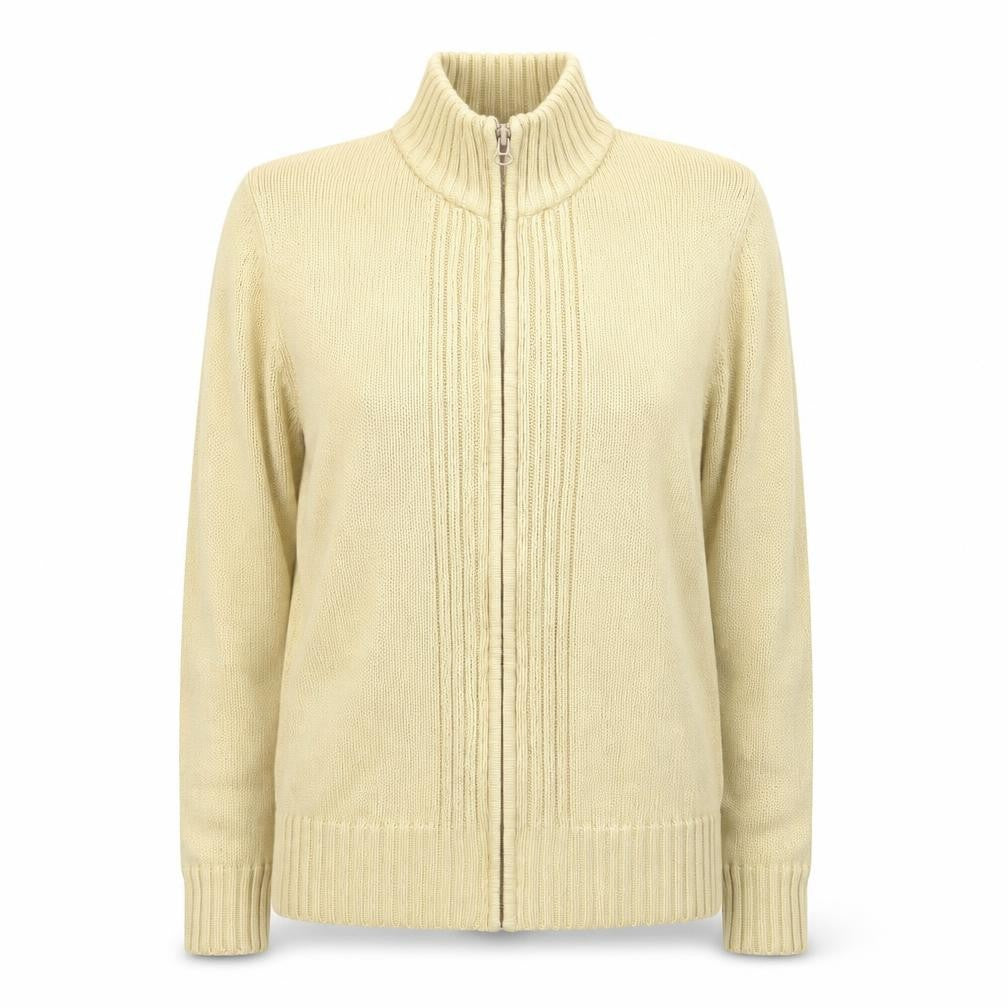 Front view of EWM Women's Beige Cotton Zip Front Knit Jacket, size 14