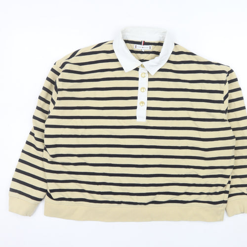 Tommy Hilfiger Women Beige Stripe Henley Sweatshirt Size M Cotton