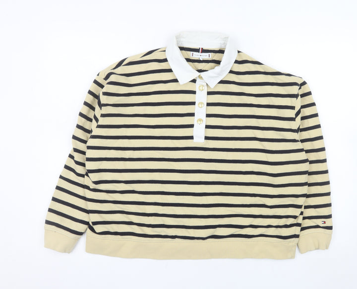 Tommy Hilfiger Women Beige Stripe Henley Sweatshirt Size M Cotton