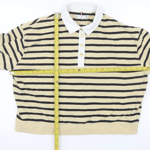 Tommy Hilfiger Women Beige Stripe Henley Sweatshirt Size M Cotton