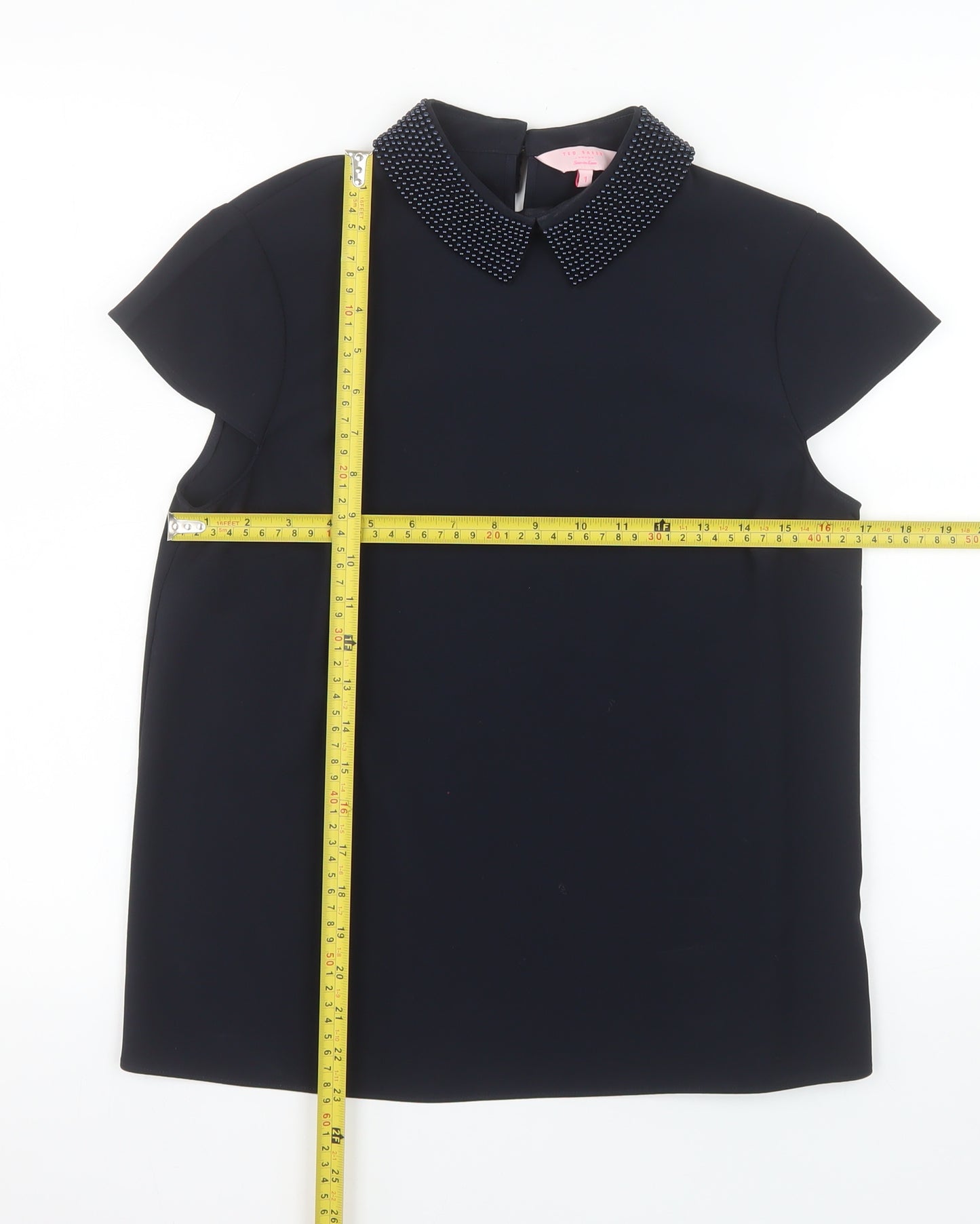 Ted Baker Women’s Black Beaded Collared Short Sleeve Blouse Size S