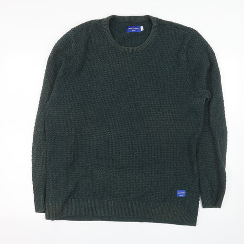 Jack & Jones Men's Green XL Cotton Chunky Knit Crew Neck Jumper