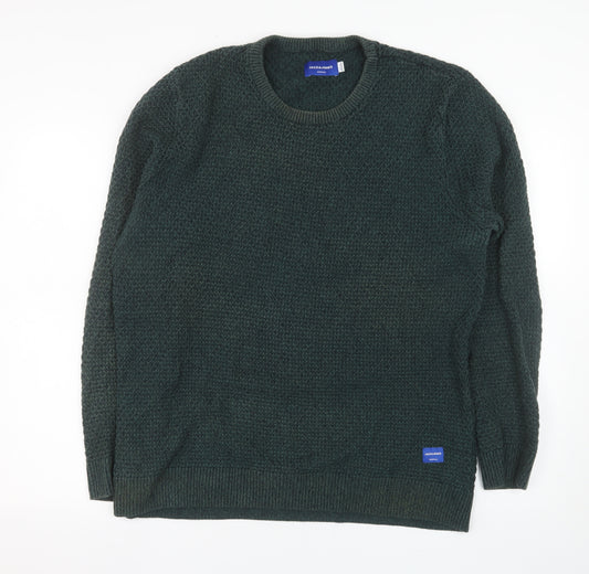 Jack & Jones Men's Green XL Cotton Chunky Knit Crew Neck Jumper