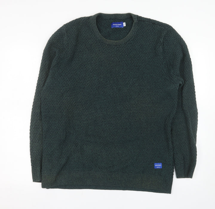 Jack & Jones Men's Green XL Cotton Chunky Knit Crew Neck Jumper
