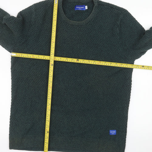 Jack & Jones Men's Green XL Cotton Chunky Knit Crew Neck Jumper