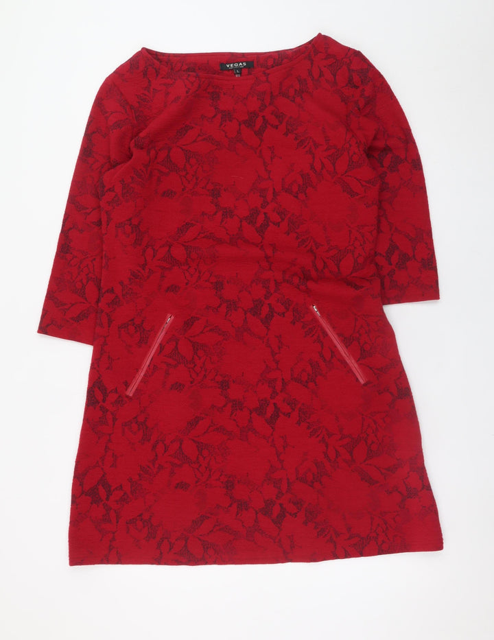 Vegas Women’s Red Floral Knit Shift Dress Size L 3/4 Sleeve