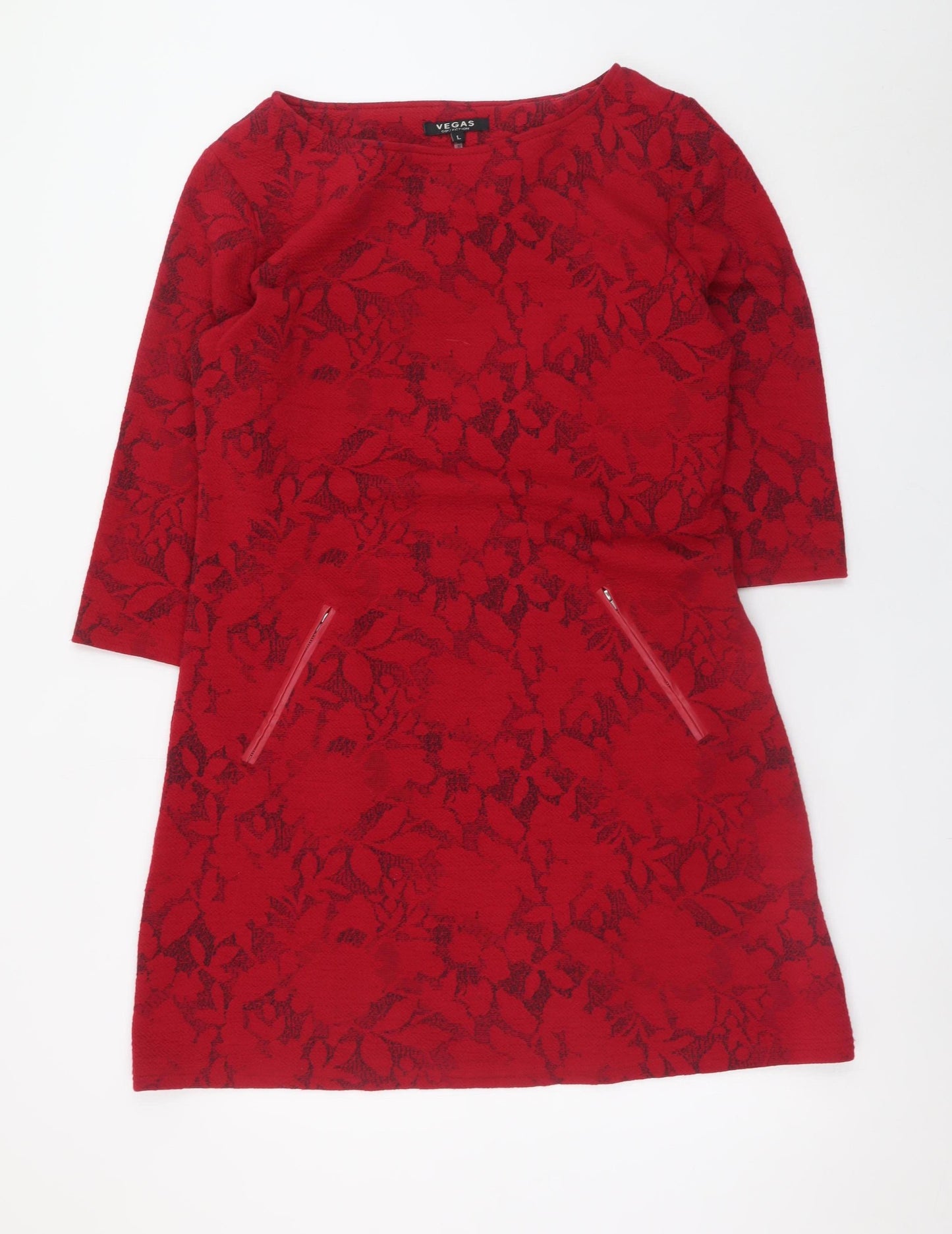 Vegas Women’s Red Floral Knit Shift Dress Size L 3/4 Sleeve