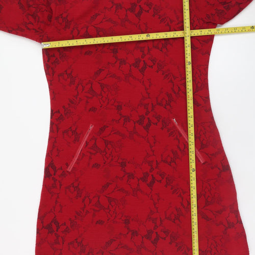 Vegas Women’s Red Floral Knit Shift Dress Size L 3/4 Sleeve