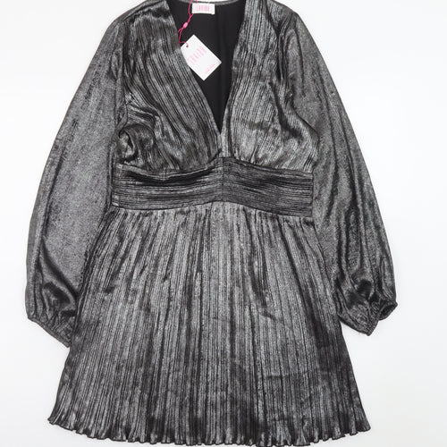 Savida Women’s Silver Pleated Skater Dress Size 10 Long Sleeve Partywear