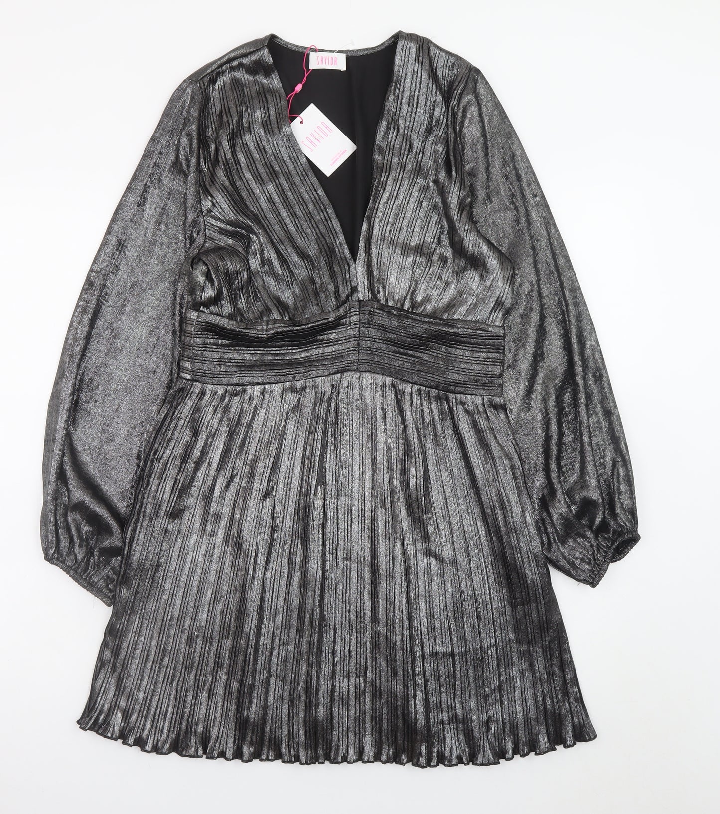 Savida Women’s Silver Pleated Skater Dress Size 10 Long Sleeve Partywear