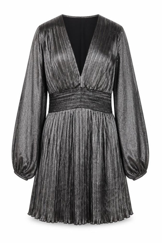 Front view of Savida Women’s Silver Pleated Skater Dress, size UK 10, Long Sleeve Partywear