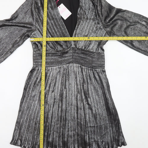 Savida Women’s Silver Pleated Skater Dress Size 10 Long Sleeve Partywear