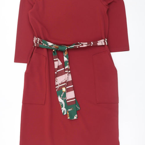 Zara Women Red Shift Knit Belted Knee Length Dress Size S