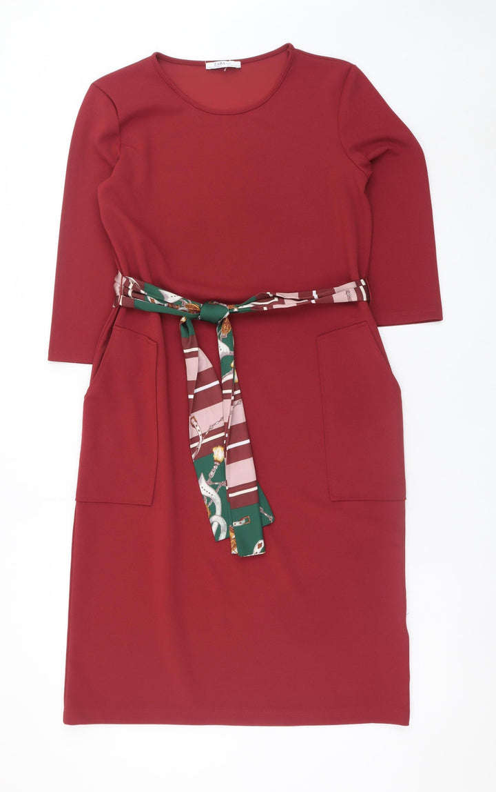 Zara Women Red Shift Knit Belted Knee Length Dress Size S