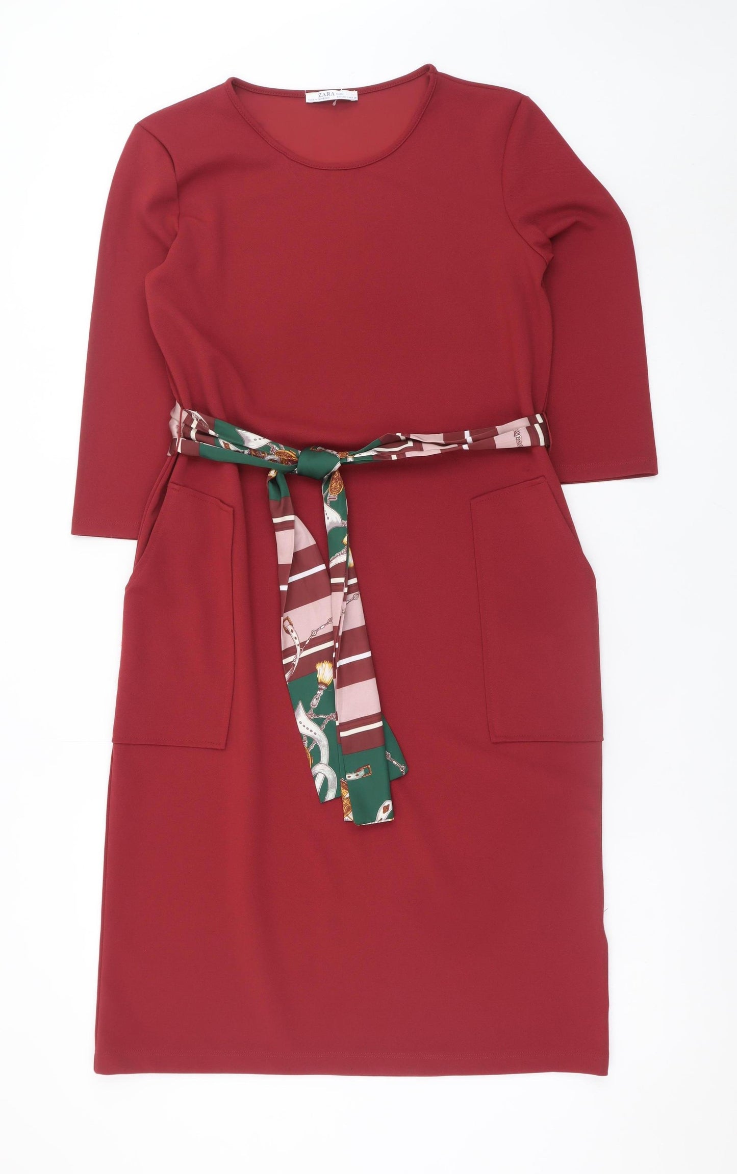Zara Women Red Shift Knit Belted Knee Length Dress Size S