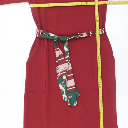 Zara Women Red Shift Knit Belted Knee Length Dress Size S