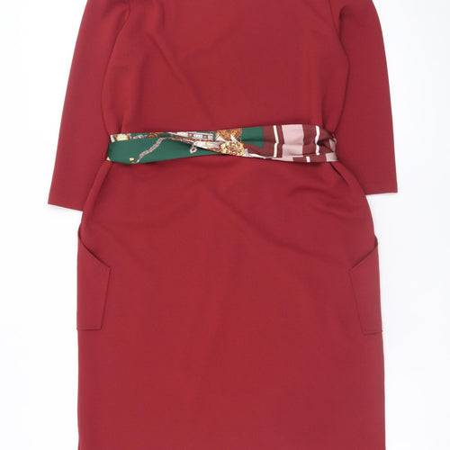 Zara Women Red Shift Knit Belted Knee Length Dress Size S