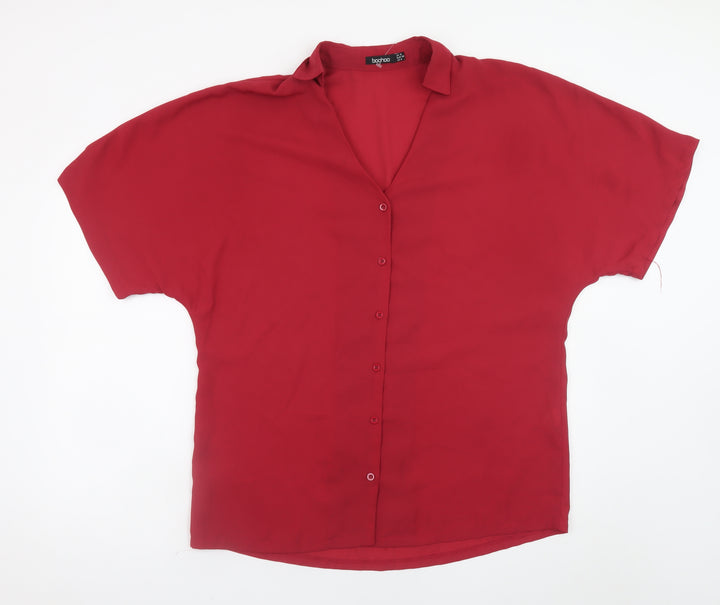 Boohoo Women's Red Short Sleeve Button-Up Relaxed Blouse UK 10