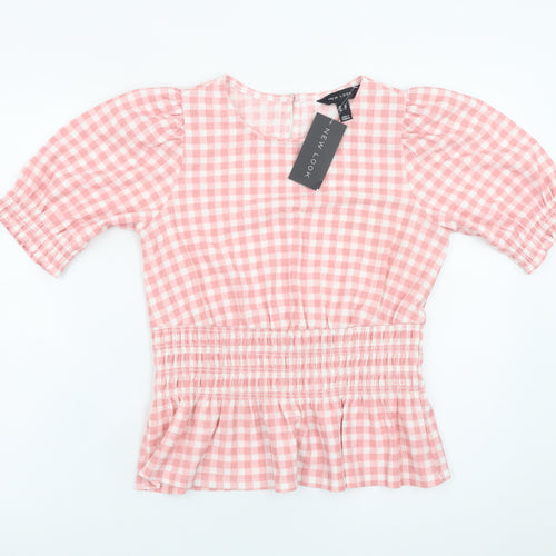 New Look Women Pink Checked Peplum Puff Sleeve Dress Size 10