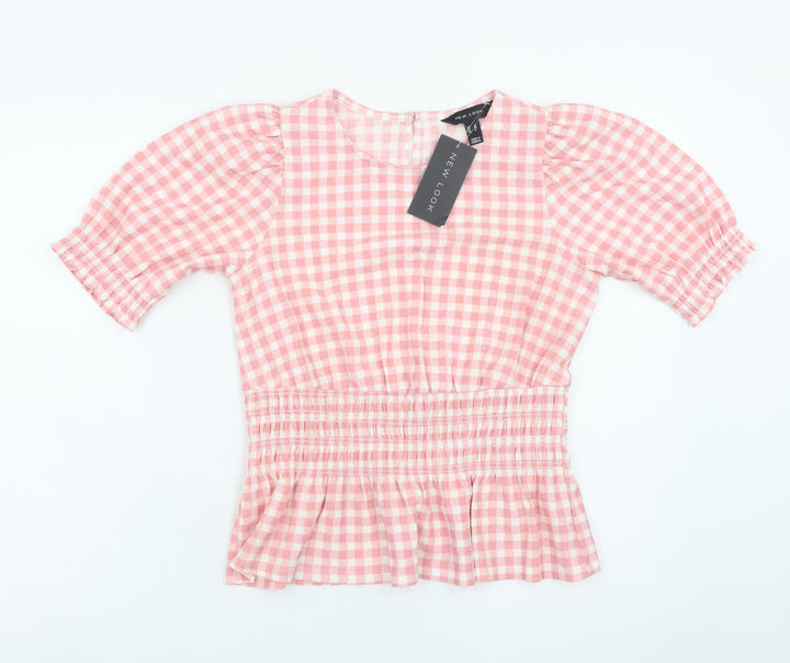 New Look Women Pink Checked Peplum Puff Sleeve Dress Size 10
