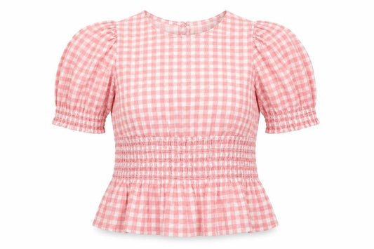 Front view of New Look Women Pink Checked Peplum Puff Sleeve Dress, size 10