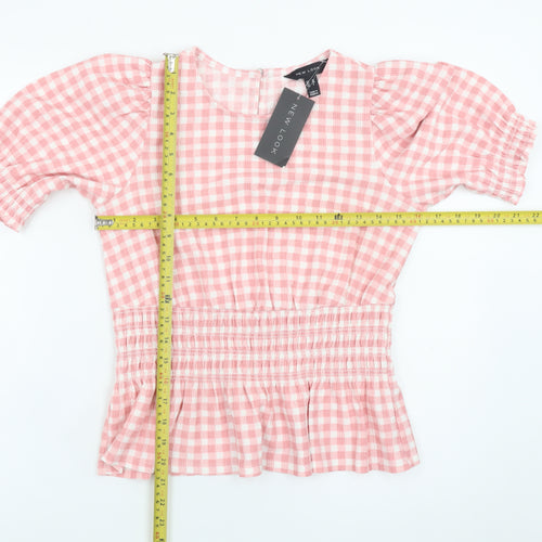 New Look Women Pink Checked Peplum Puff Sleeve Dress Size 10