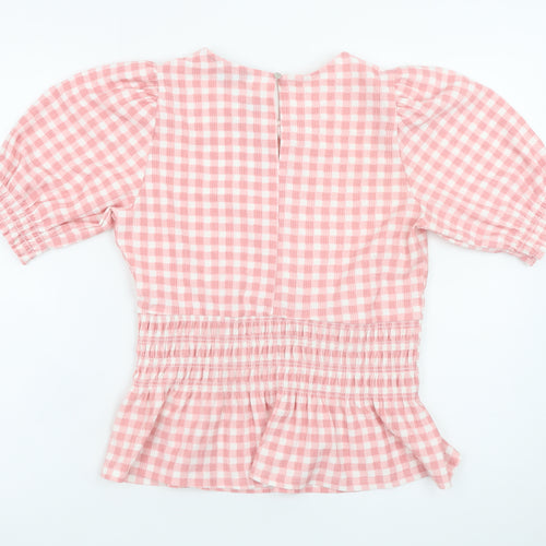 New Look Women Pink Checked Peplum Puff Sleeve Dress Size 10