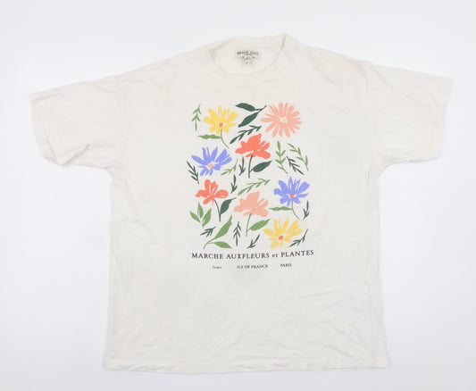 Brave Soul Men's Beige Floral Graphic Print Crew Neck T-Shirt Size L
