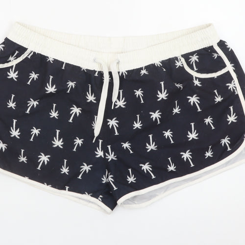 Ocean Club Women Navy Palm Print Swim Shorts L Polyester Drawstring