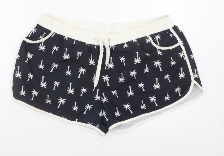 Ocean Club Women Navy Palm Print Swim Shorts L Polyester Drawstring
