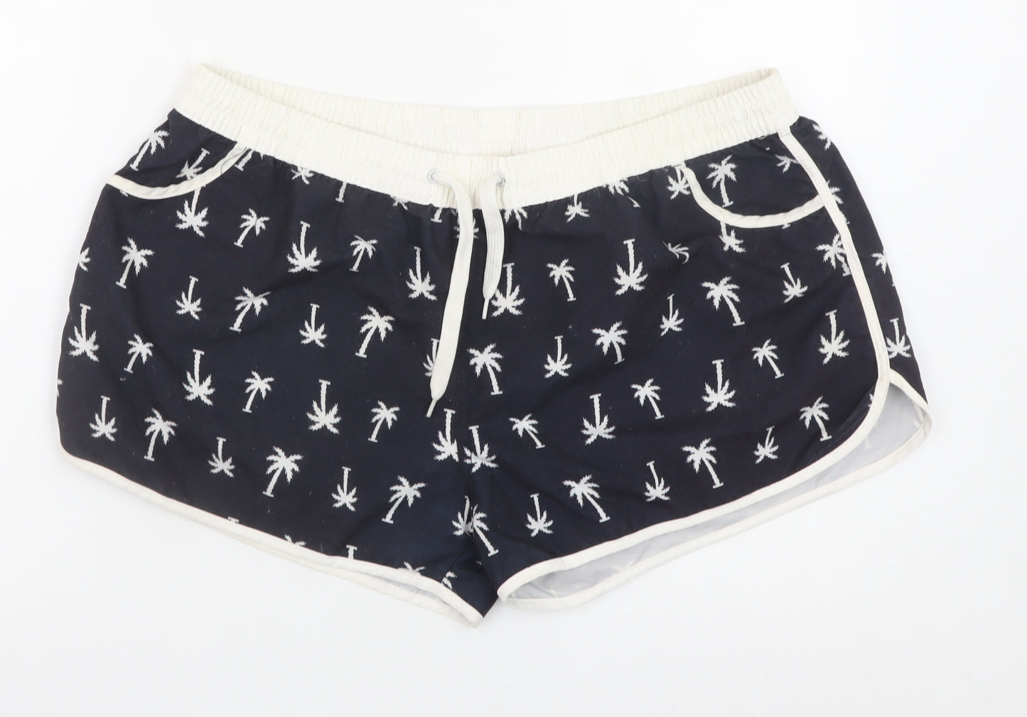 Ocean Club Women Navy Palm Print Swim Shorts L Polyester Drawstring