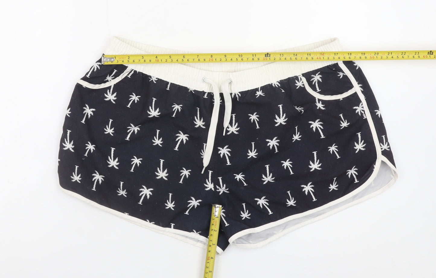 Ocean Club Women Navy Palm Print Swim Shorts L Polyester Drawstring
