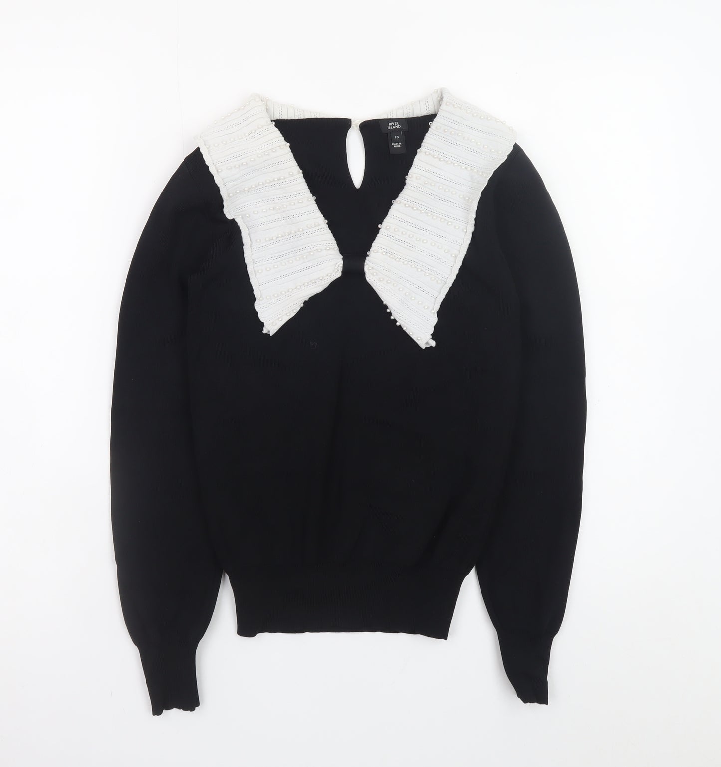 River Island Women’s Black Knit Jumper Size 10 with White Collar