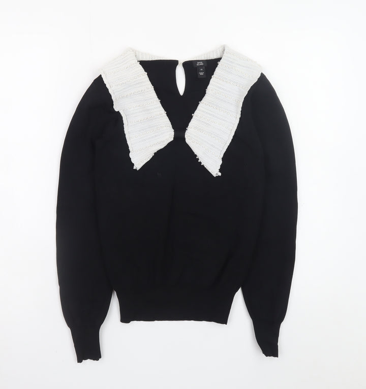 River Island Women’s Black Knit Jumper Size 10 with White Collar